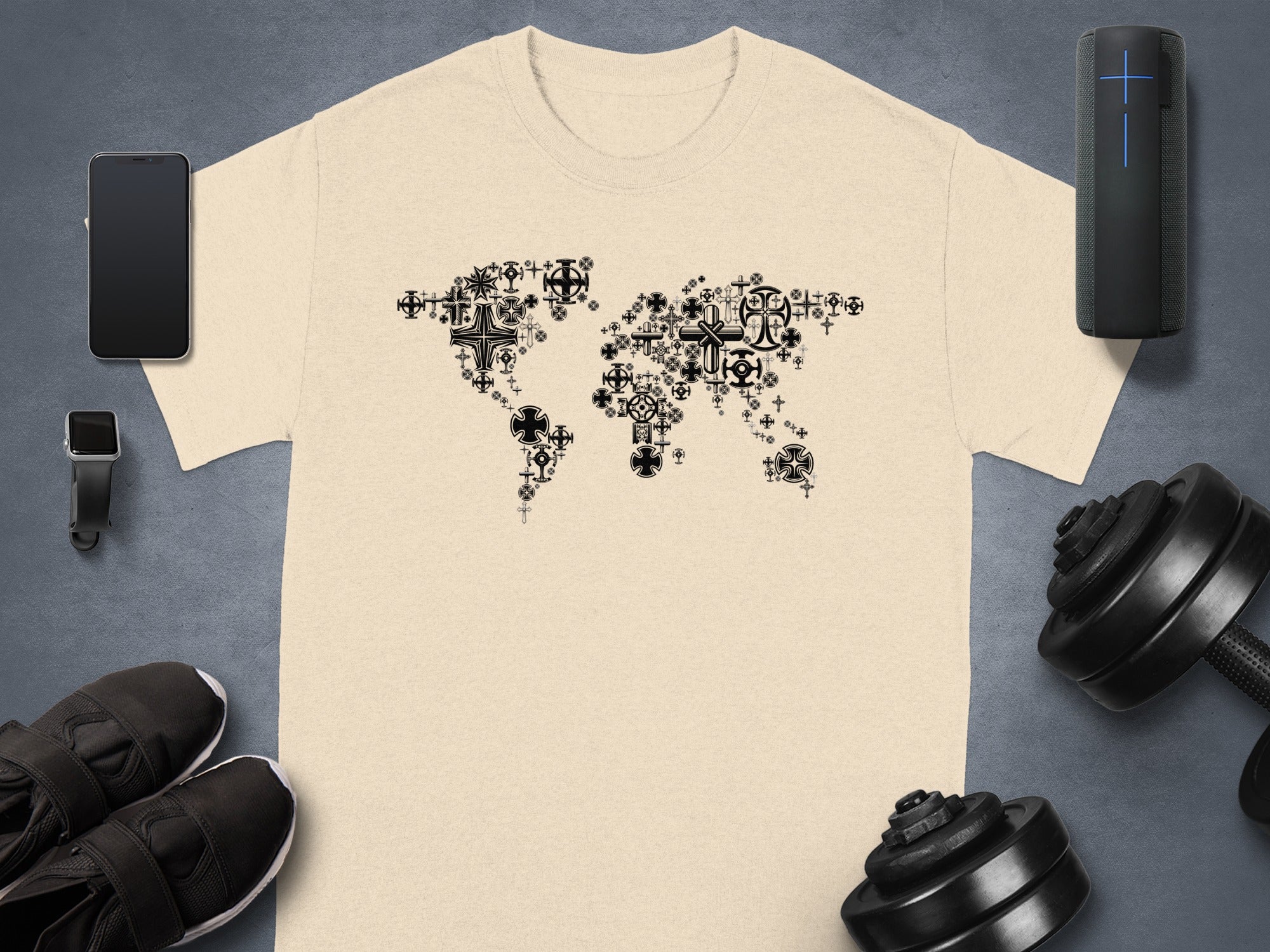 Light beige t-shirt with a black world map design made of crosses.