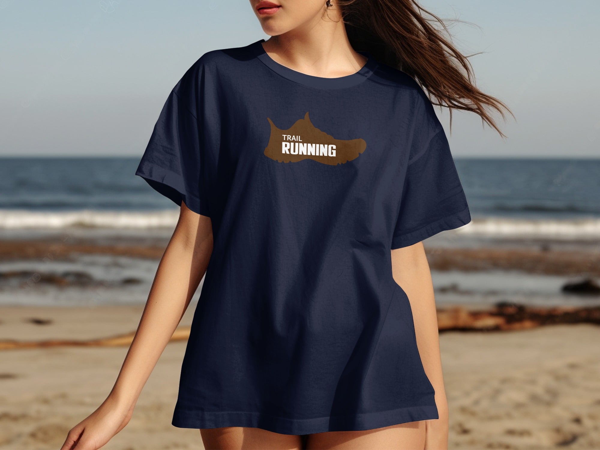 Navy t-shirt with brown trail running shoe graphic and text.