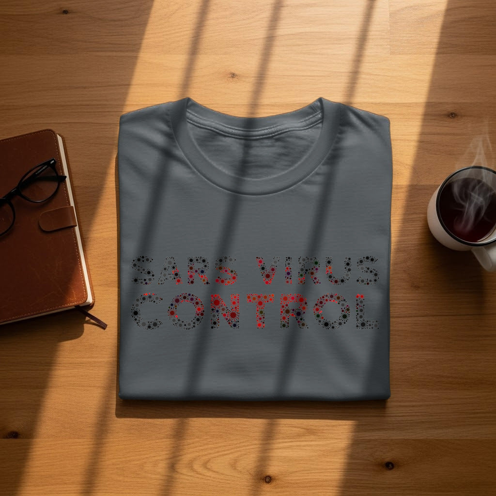 Dark grey t-shirt with "SARS VIRUS CONTROL" text made of virus graphics.