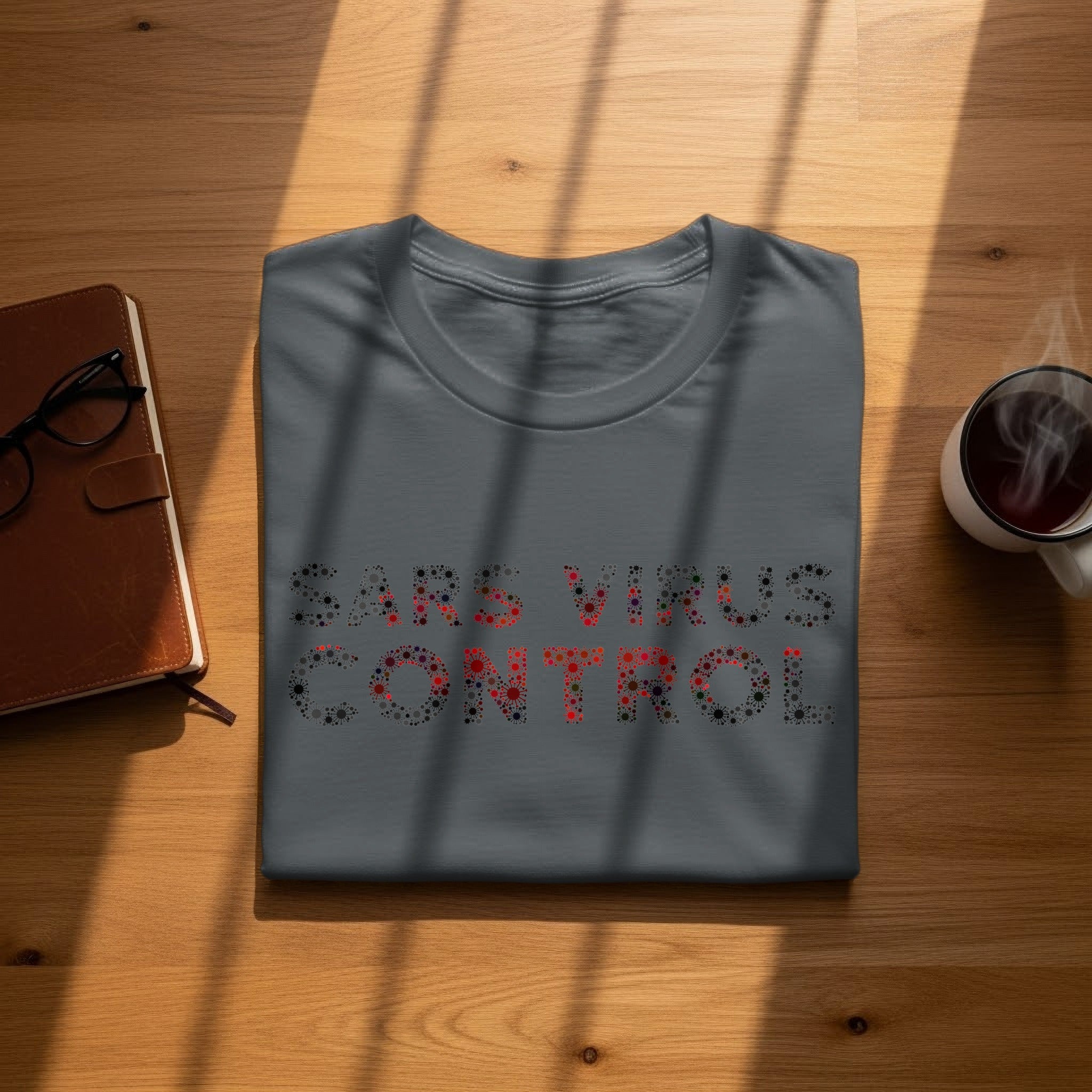 Dark grey t-shirt with "SARS VIRUS CONTROL" text made of virus graphics.