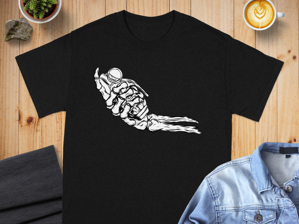 Black t-shirt with a white skeleton hand holding a grenade graphic.