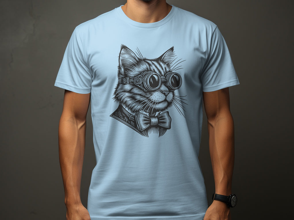 Light blue t-shirt with a black ink illustration of a steampunk cat wearing goggles and a bow tie.