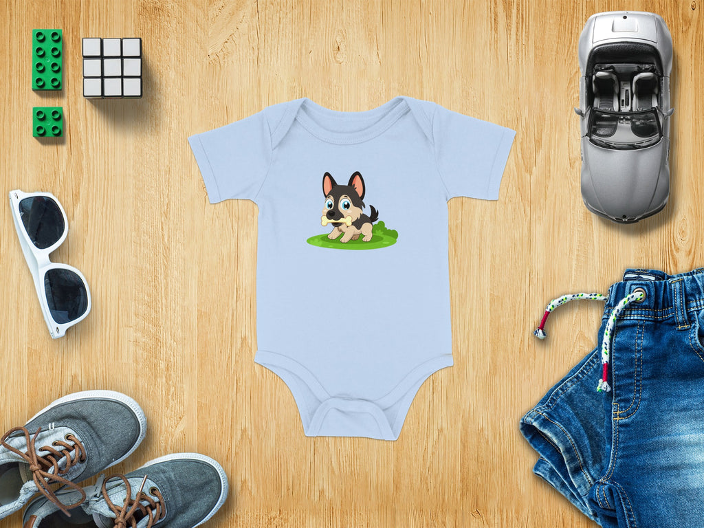 Light blue baby onesie with a cartoon puppy graphic holding a bone.