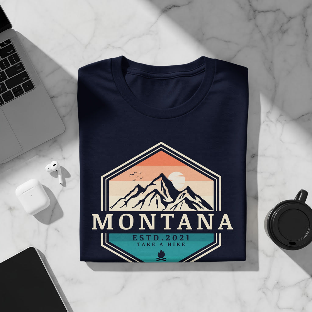 Navy t-shirt with hexagonal Montana mountain graphic and text.