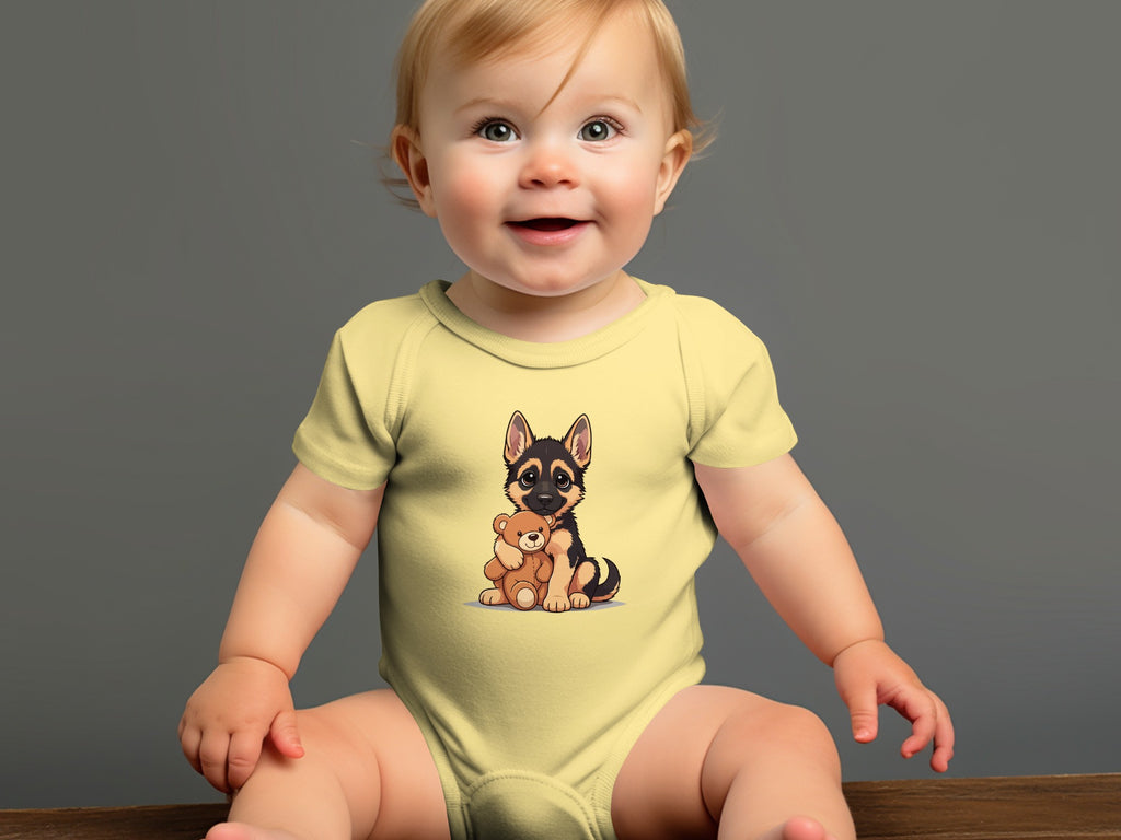 Baby in pale yellow bodysuit with a cartoon German Shepherd puppy hugging a teddy bear.