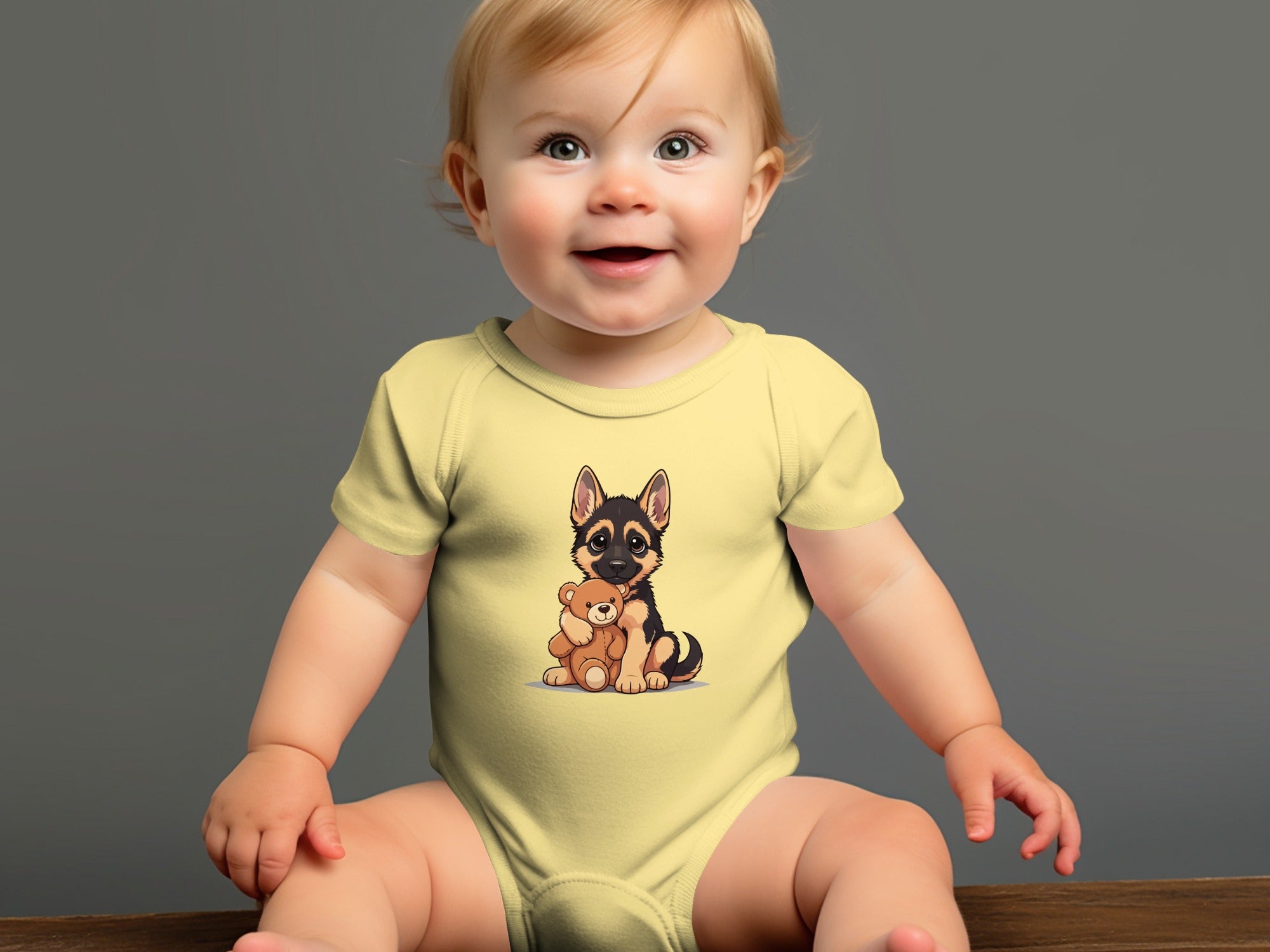 Baby in pale yellow bodysuit with a cartoon German Shepherd puppy hugging a teddy bear.