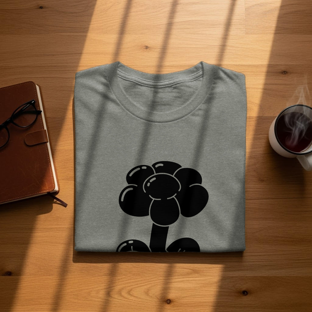 Gray t-shirt with black balloon flower graphic on a wooden surface.