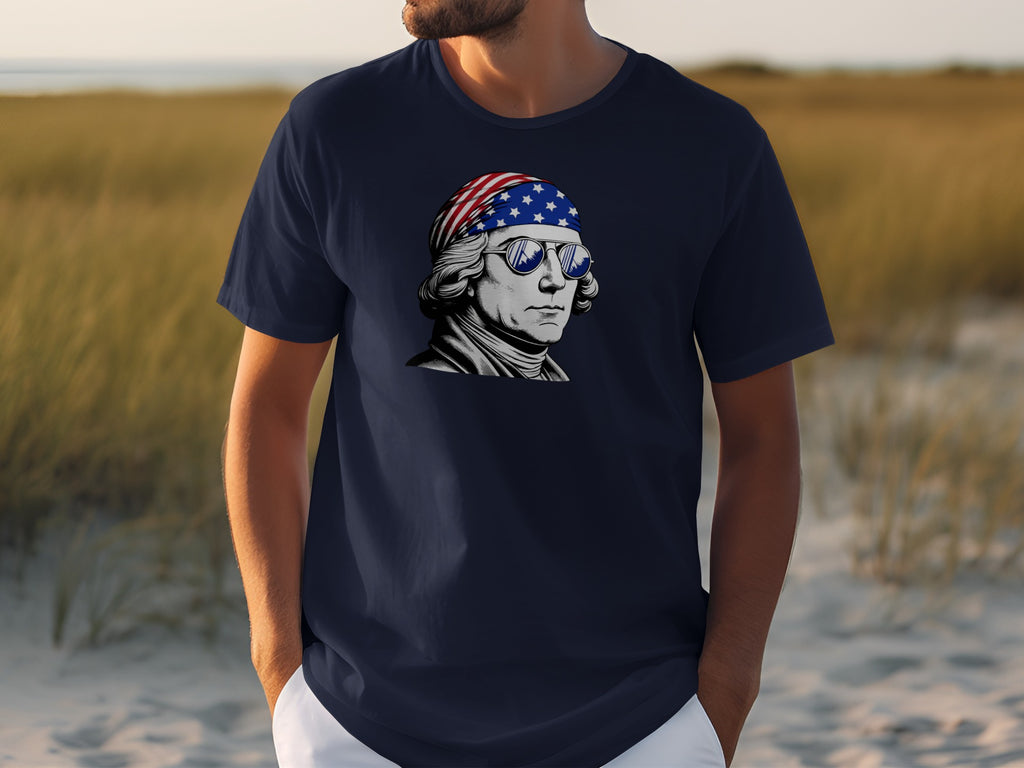 Navy t-shirt print of George Washington with American flag bandana and sunglasses.