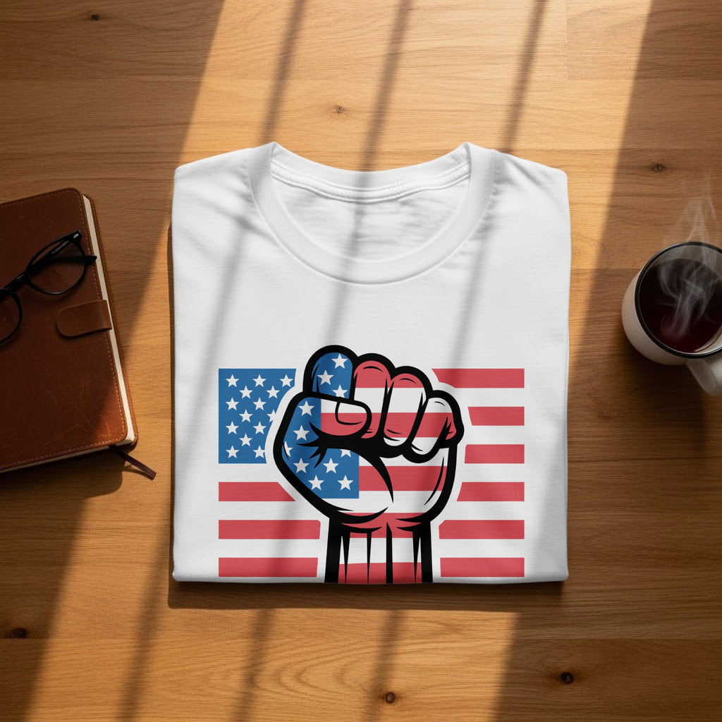 White t-shirt with a clenched fist graphic overlaid on an American flag.