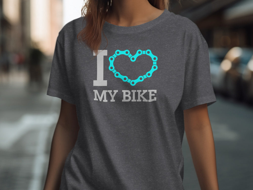 Dark grey t-shirt with "I heart my bike" text and bicycle chain heart graphic.