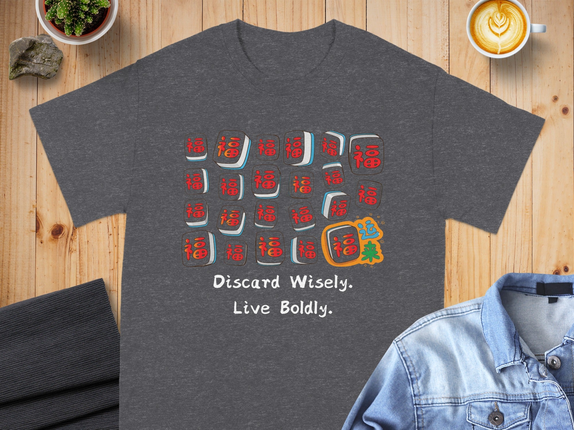 Dark grey t-shirt with Chinese characters and "Discard Wisely. Live Boldly." text.