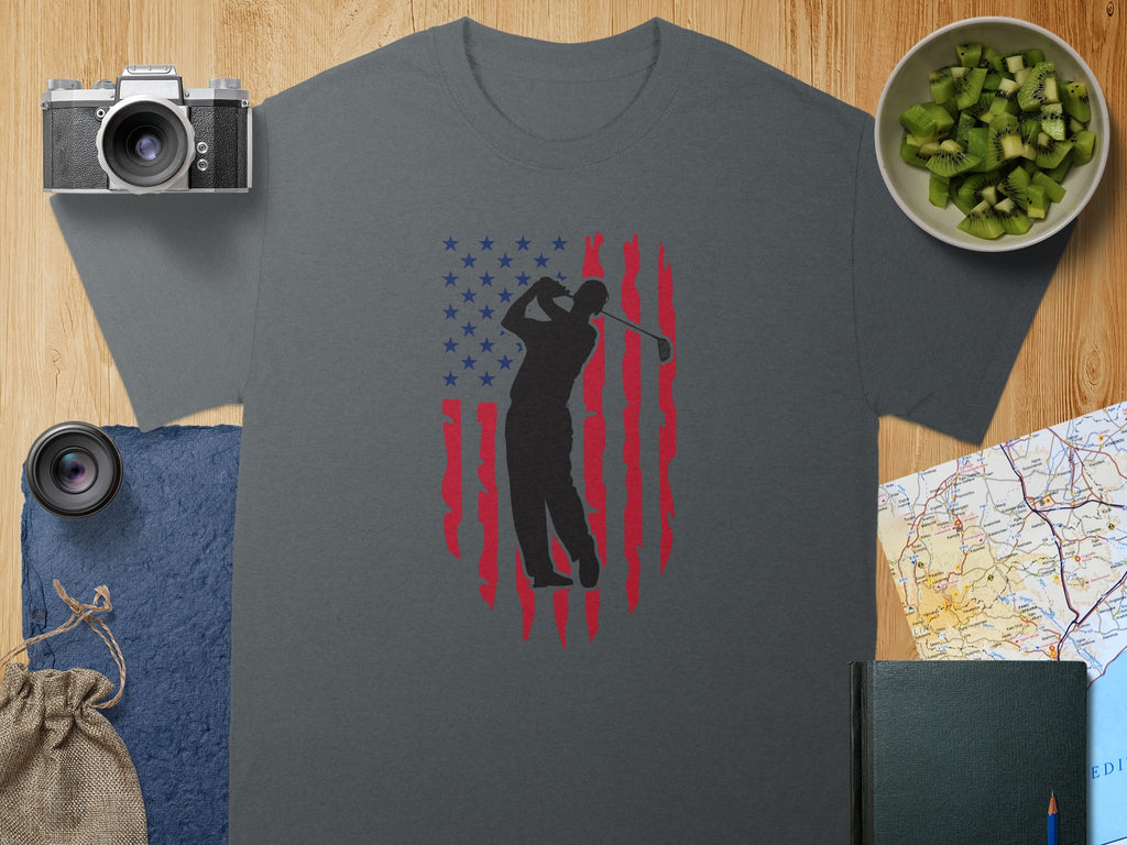 T-shirt with golfer silhouette against distressed American flag design.