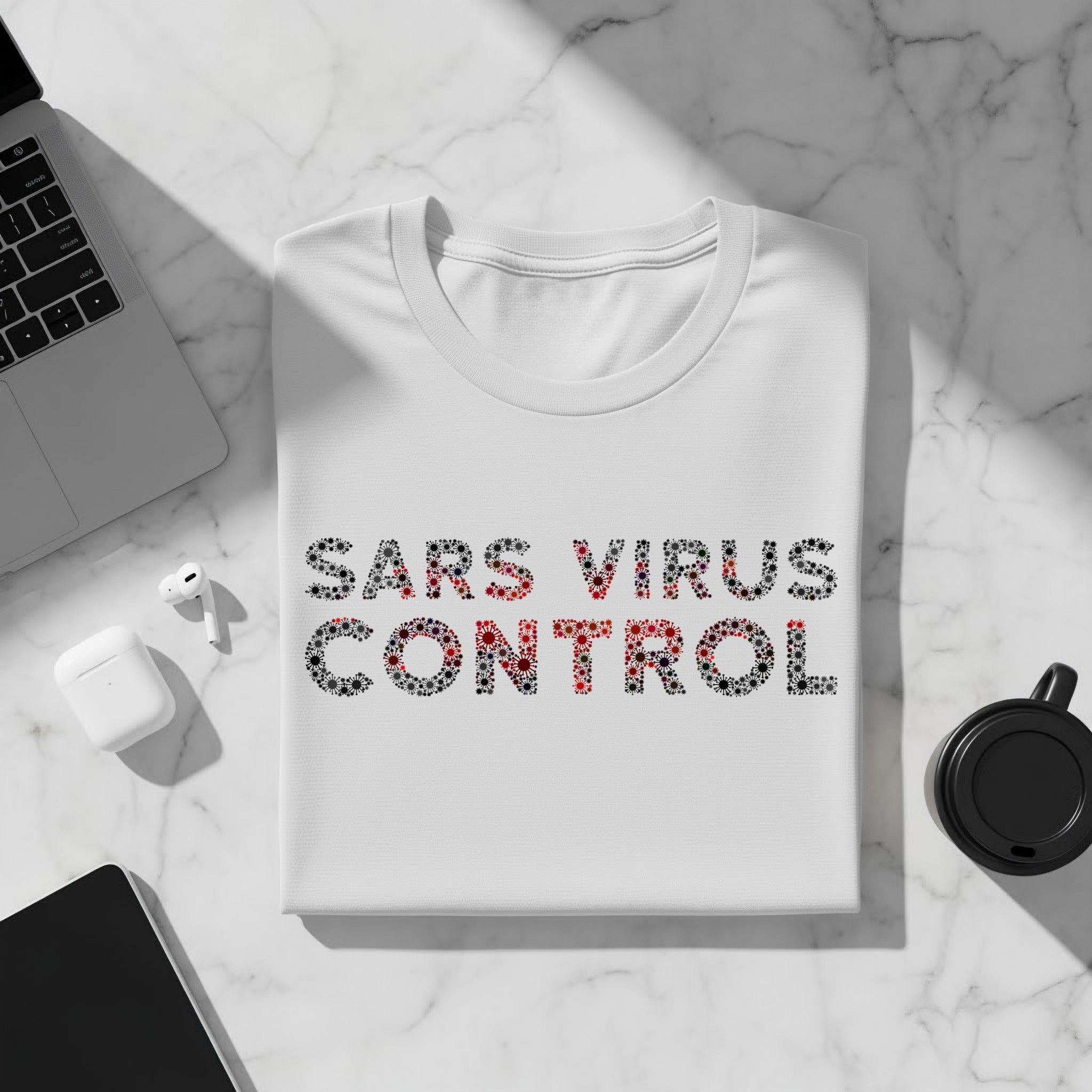 White t-shirt with "SARS VIRUS CONTROL" text made of virus illustrations.