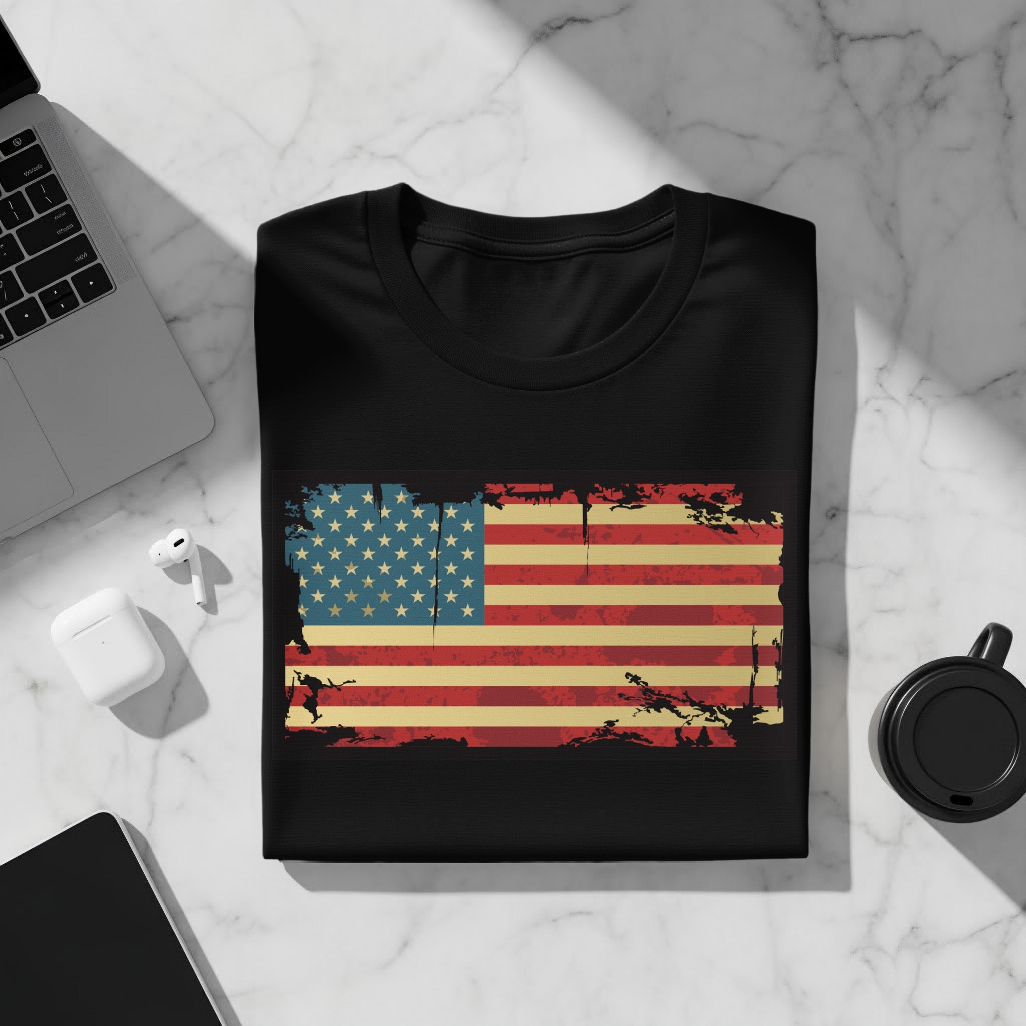 Black t-shirt with distressed American flag graphic on chest.