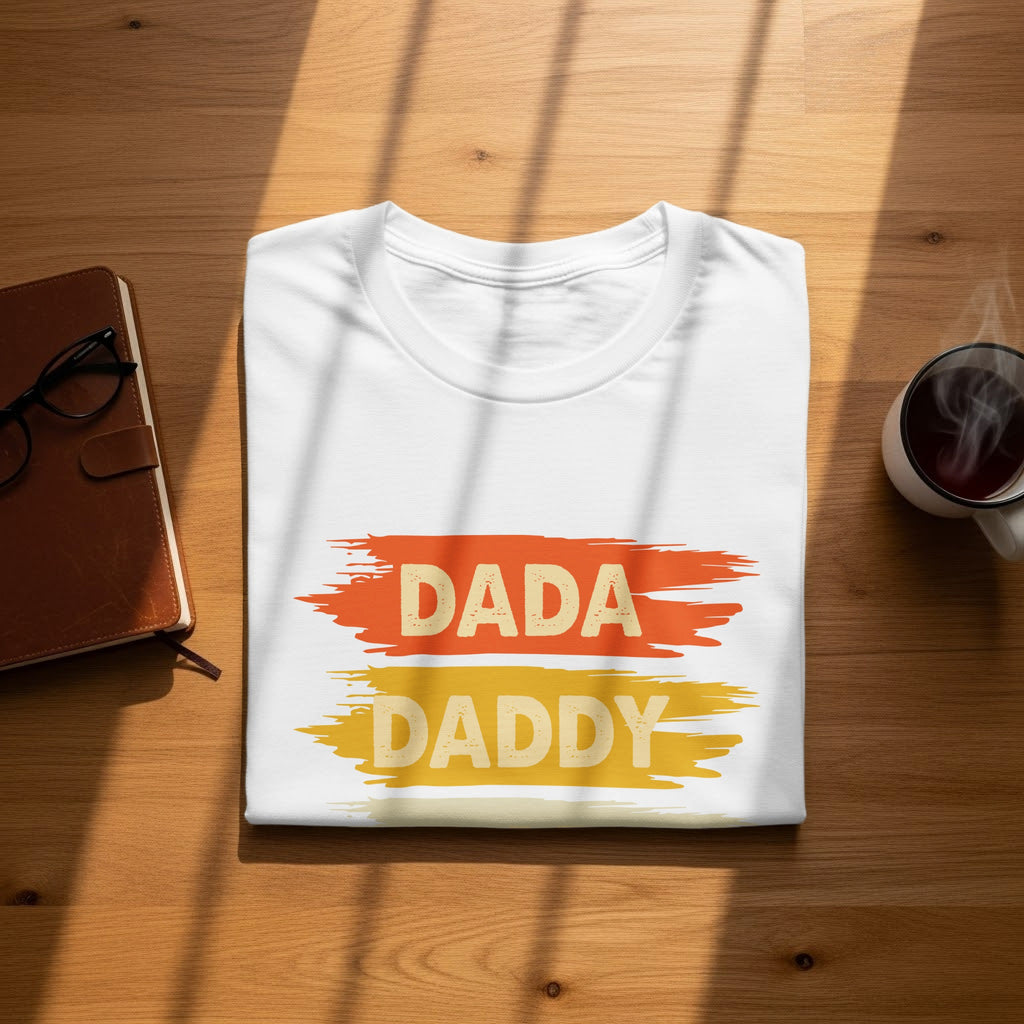 White t-shirt with "DADA" and "DADDY" text in distressed paint strokes.