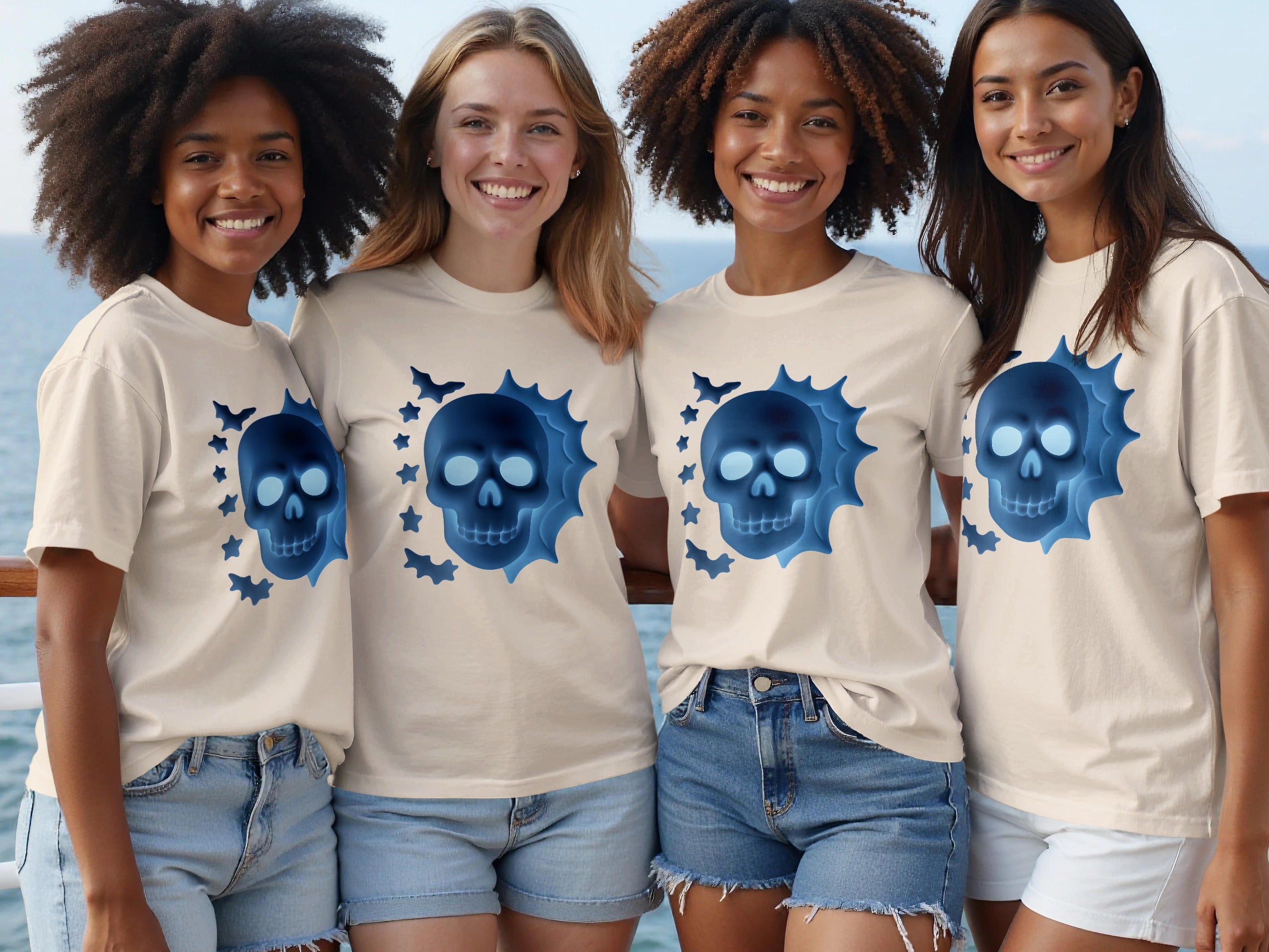 Four women wear light-colored t-shirts with blue skull and bat graphics.