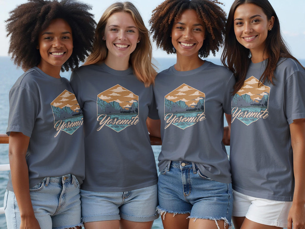 Four women wear grey t-shirts with a "Yosemite National Park" graphic and denim shorts.