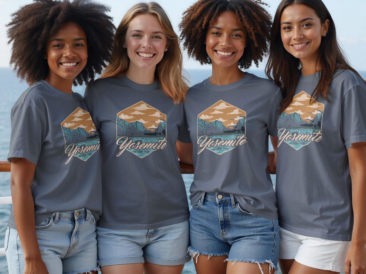 Four women wear grey t-shirts with a "Yosemite National Park" graphic and denim shorts.