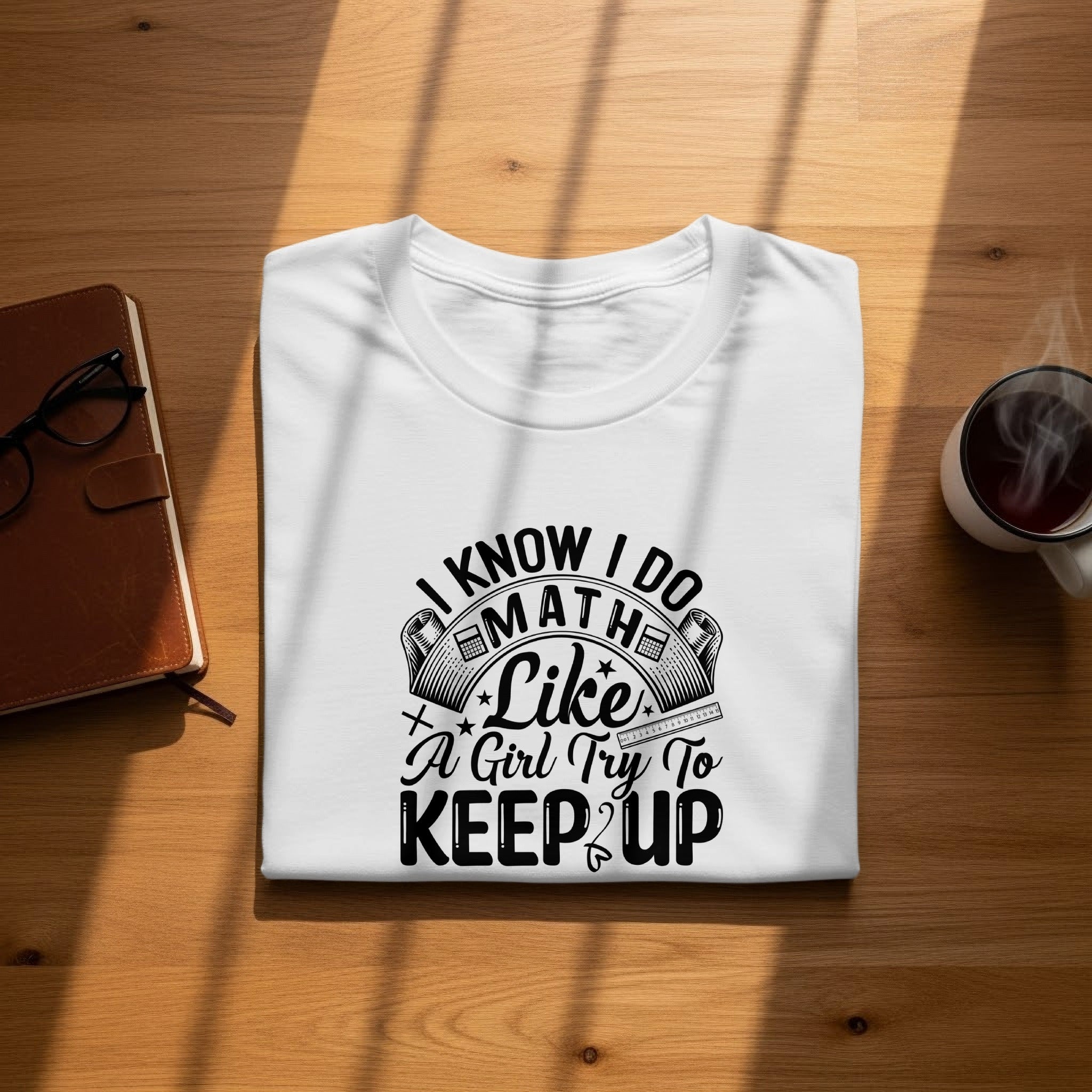 White t-shirt with black text that says "I Know I Do Math Like A Girl Try To Keep Up."