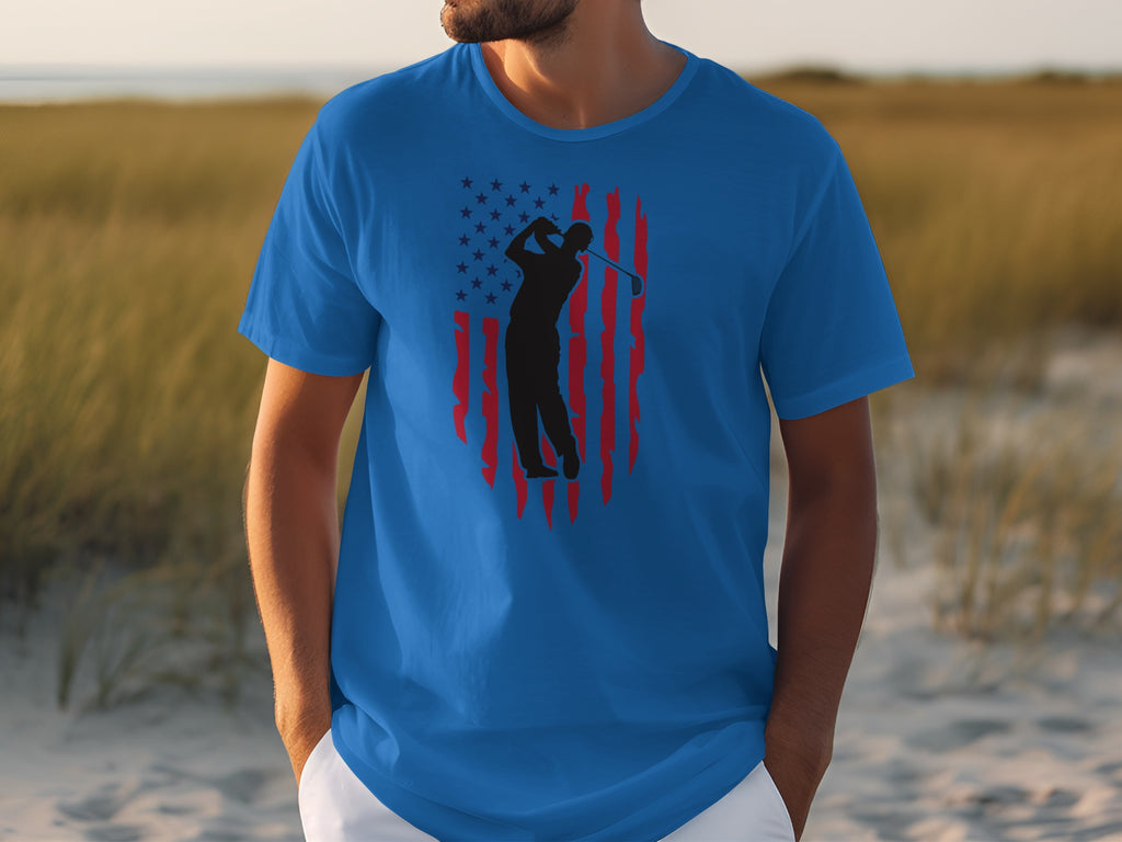 Blue t-shirt with a black golfer silhouette and distressed American flag graphic.