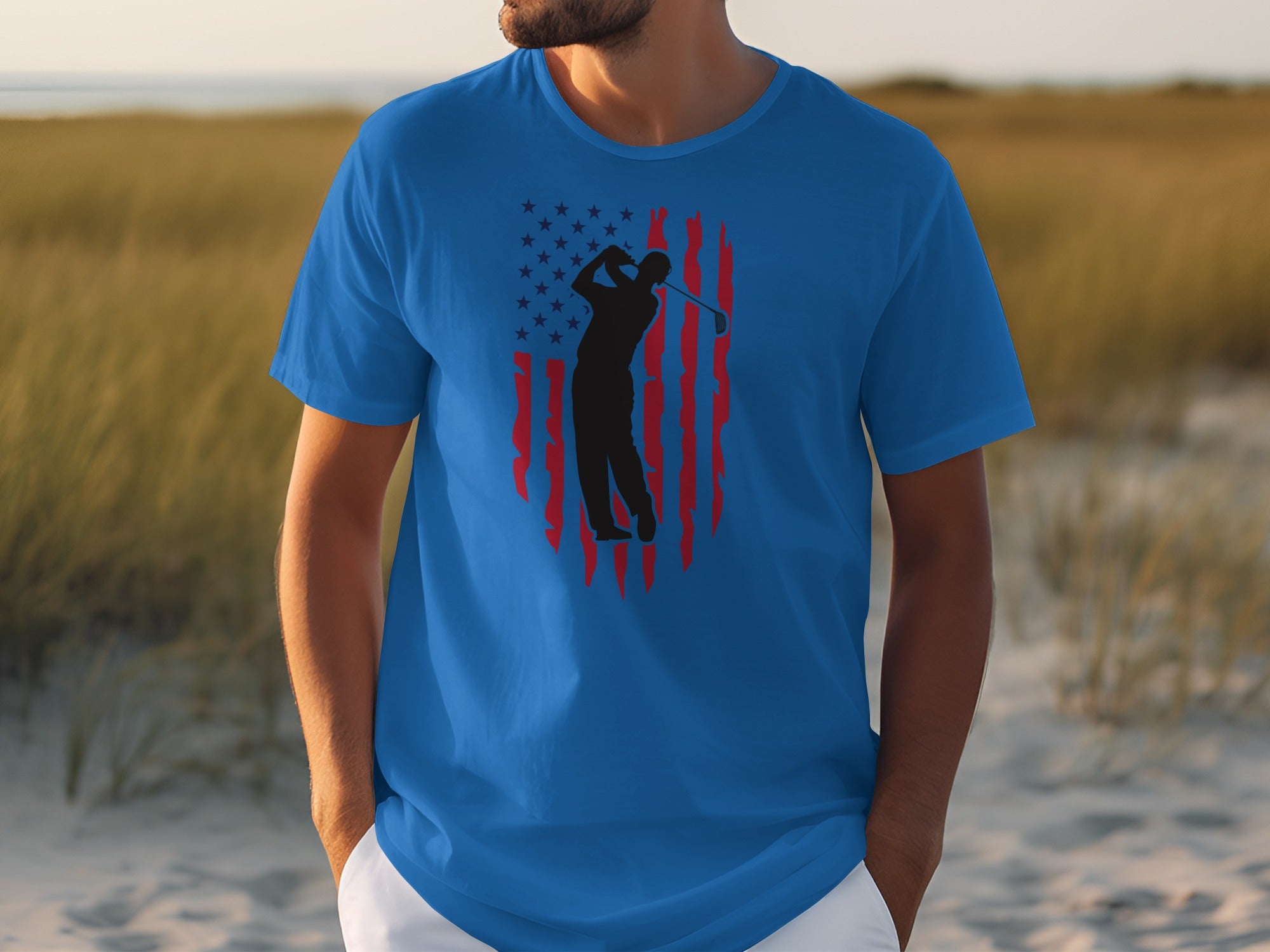 Blue t-shirt with a black golfer silhouette and distressed American flag graphic.