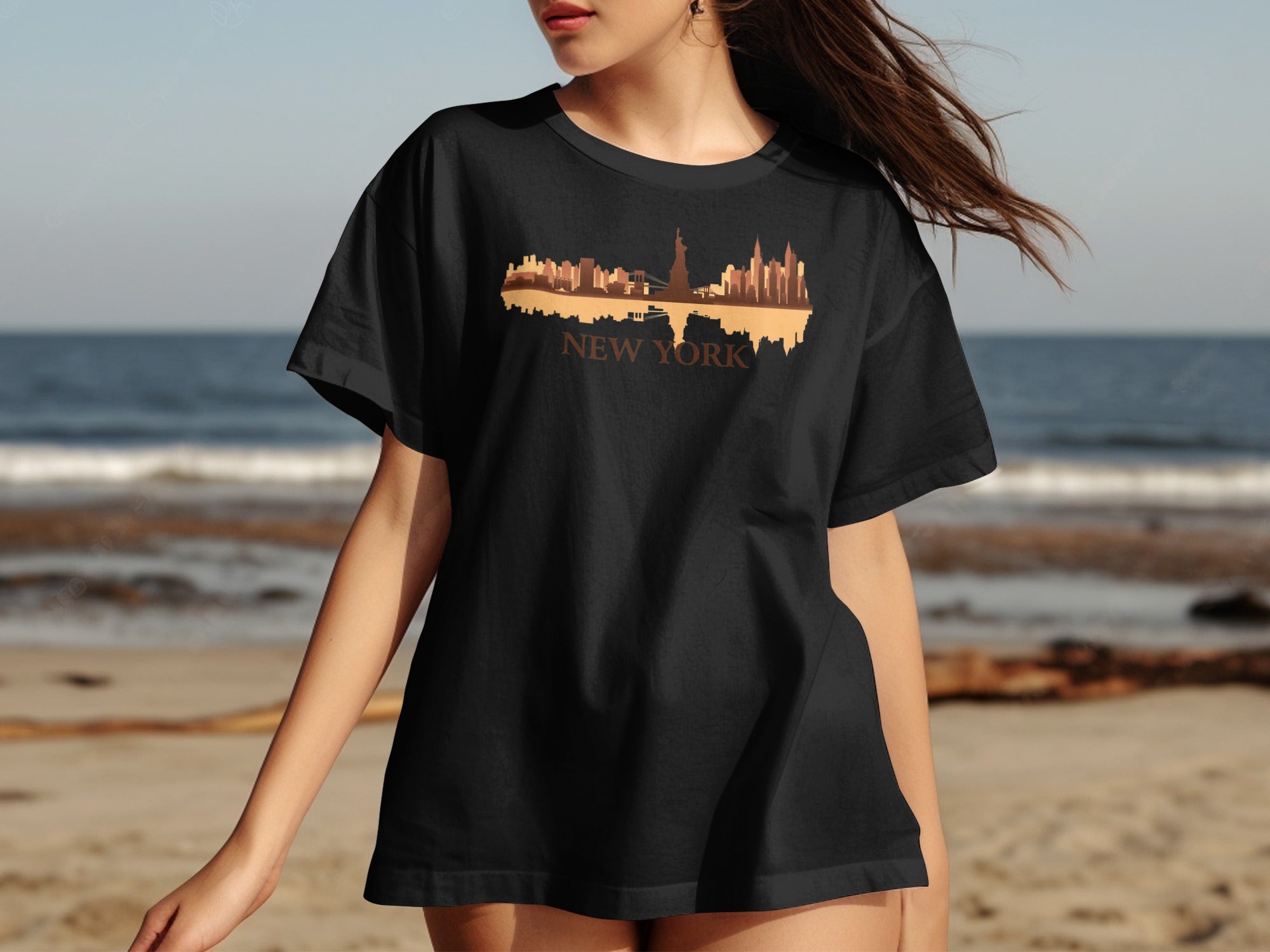Black t-shirt with a New York City skyline graphic and text.