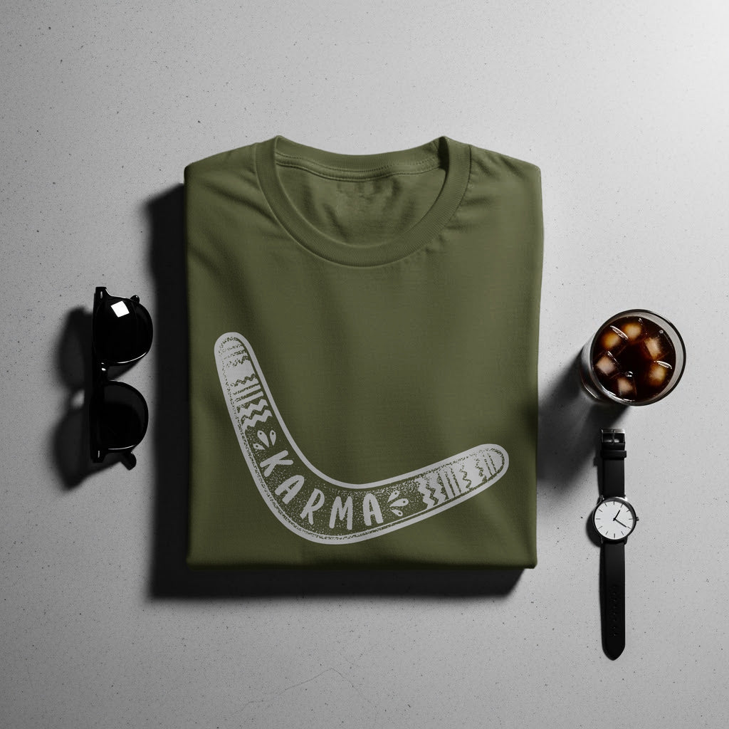 Olive green t-shirt with white boomerang graphic and "KARMA" text.