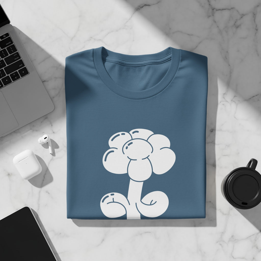 Blue t-shirt with a white cartoon flower graphic.