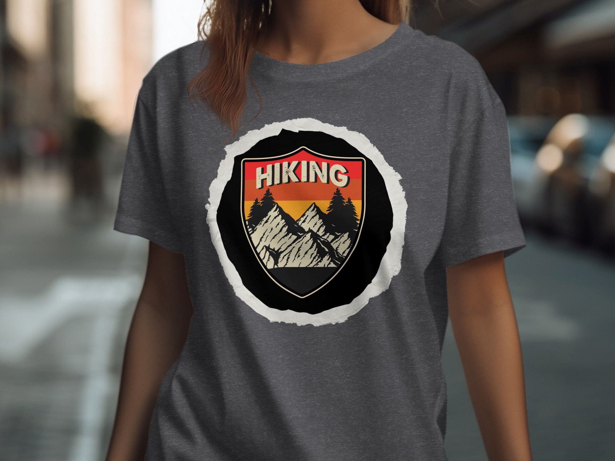Dark gray t-shirt with vintage hiking graphic featuring mountains and sunset.