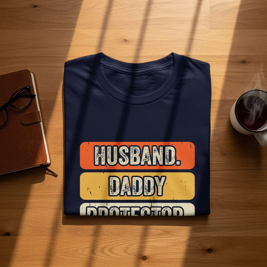 Navy t-shirt with "HUSBAND. DADDY PROTECTOR." text in distressed colorful blocks.