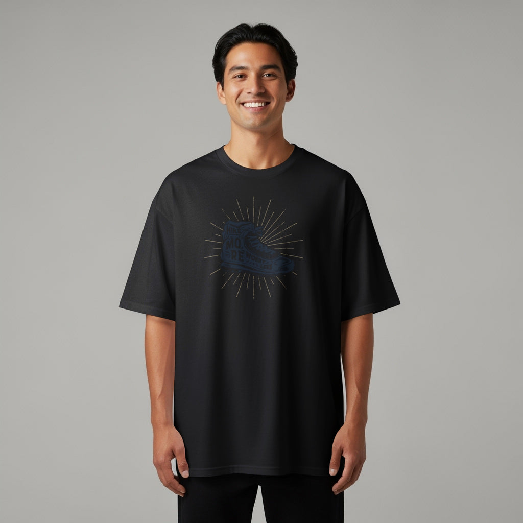 Black t-shirt with graphic of a boot and text "hike more worry less".