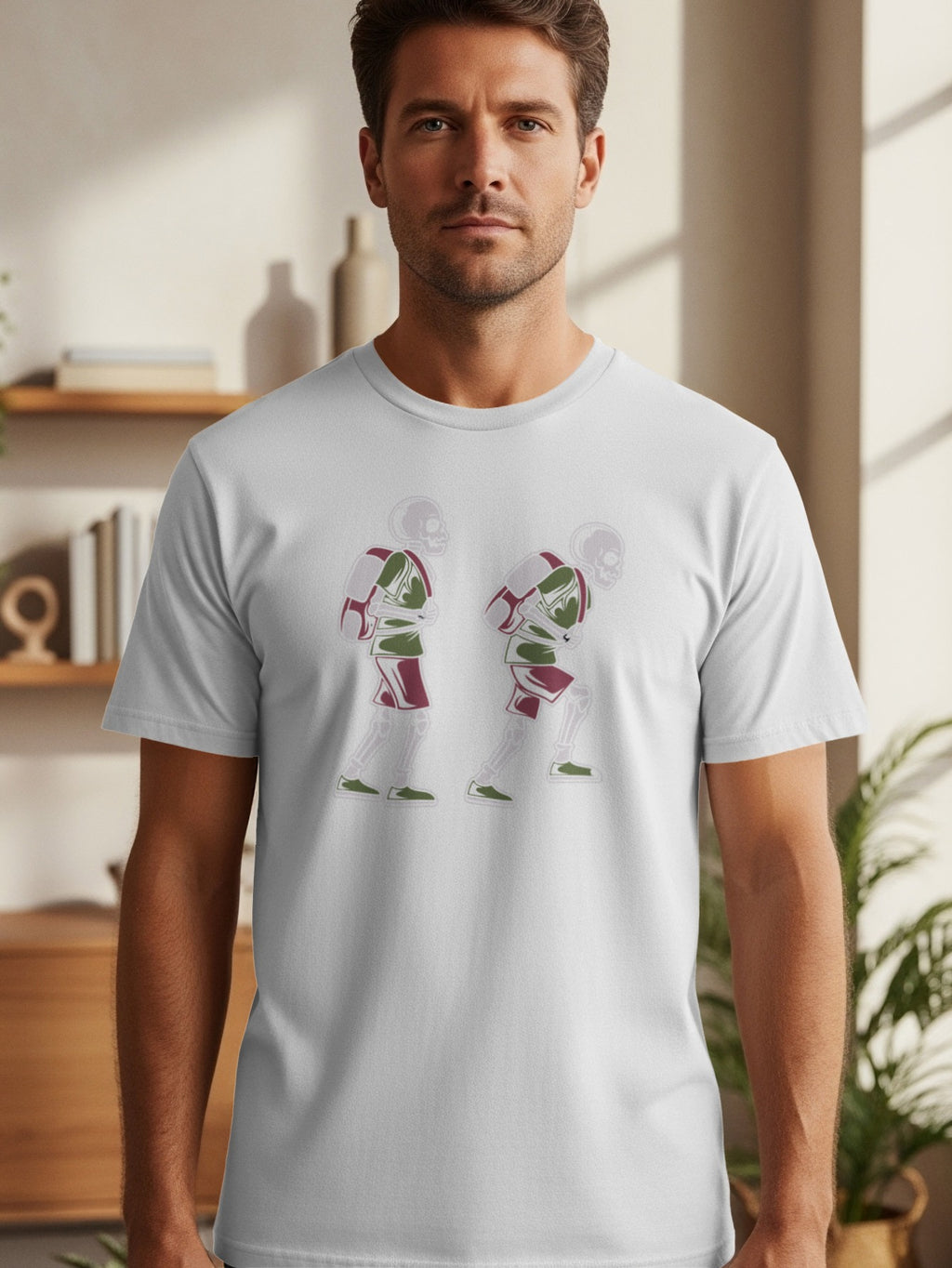 White t-shirt with a graphic of outlined skeletons in green and burgundy.