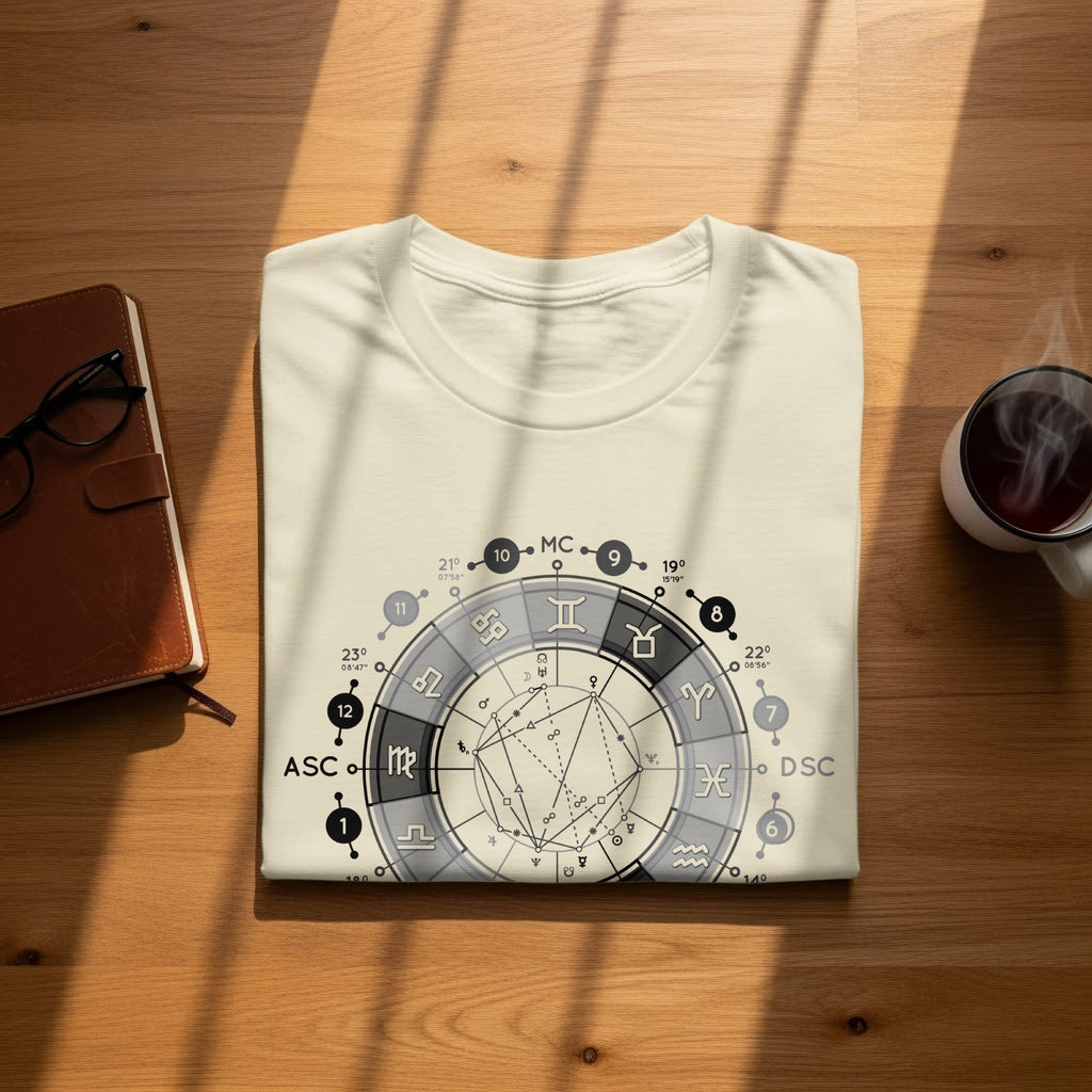 Cream t-shirt with astrological chart print on wooden table.