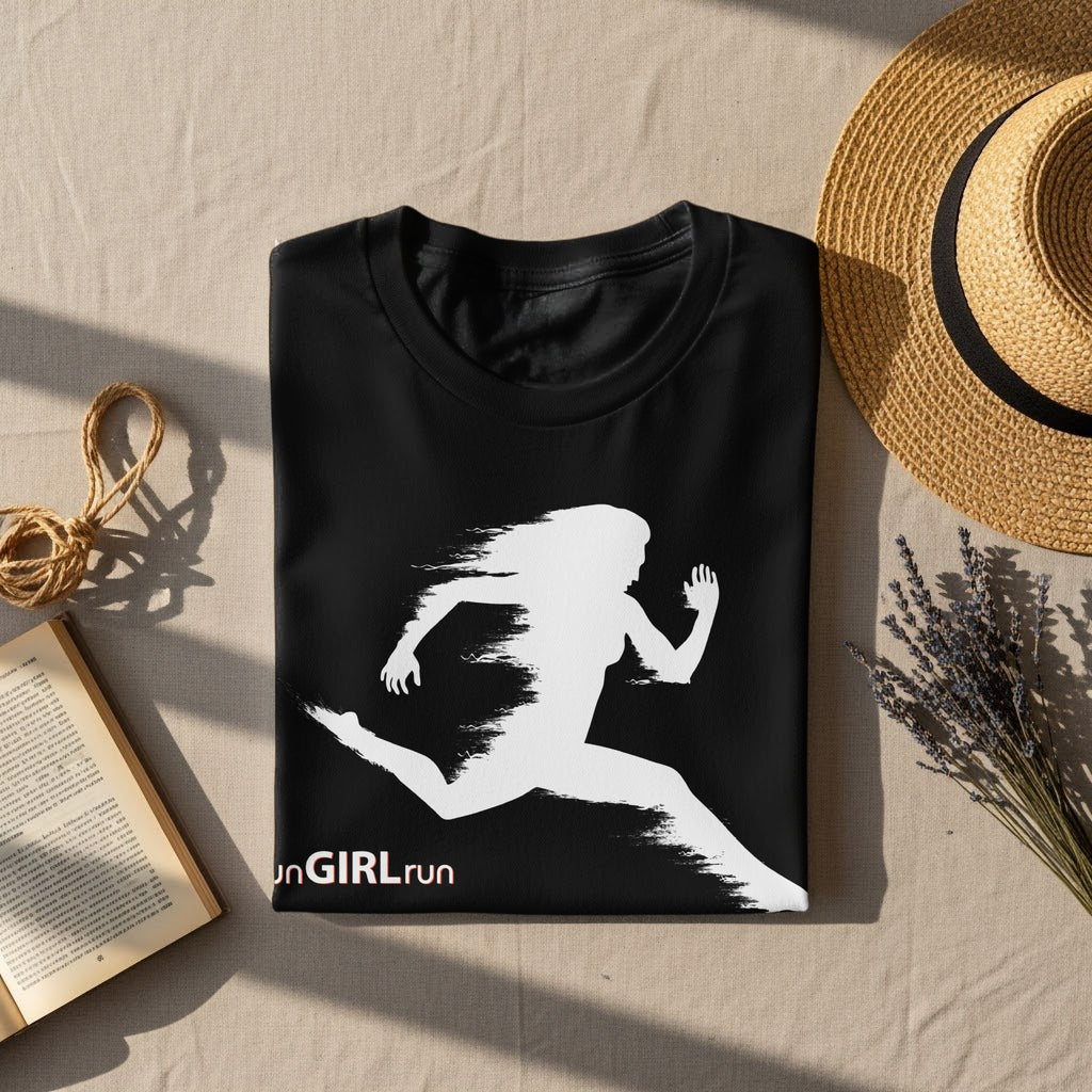 Black t-shirt with white running figure graphic and "unGIRLrun" text.