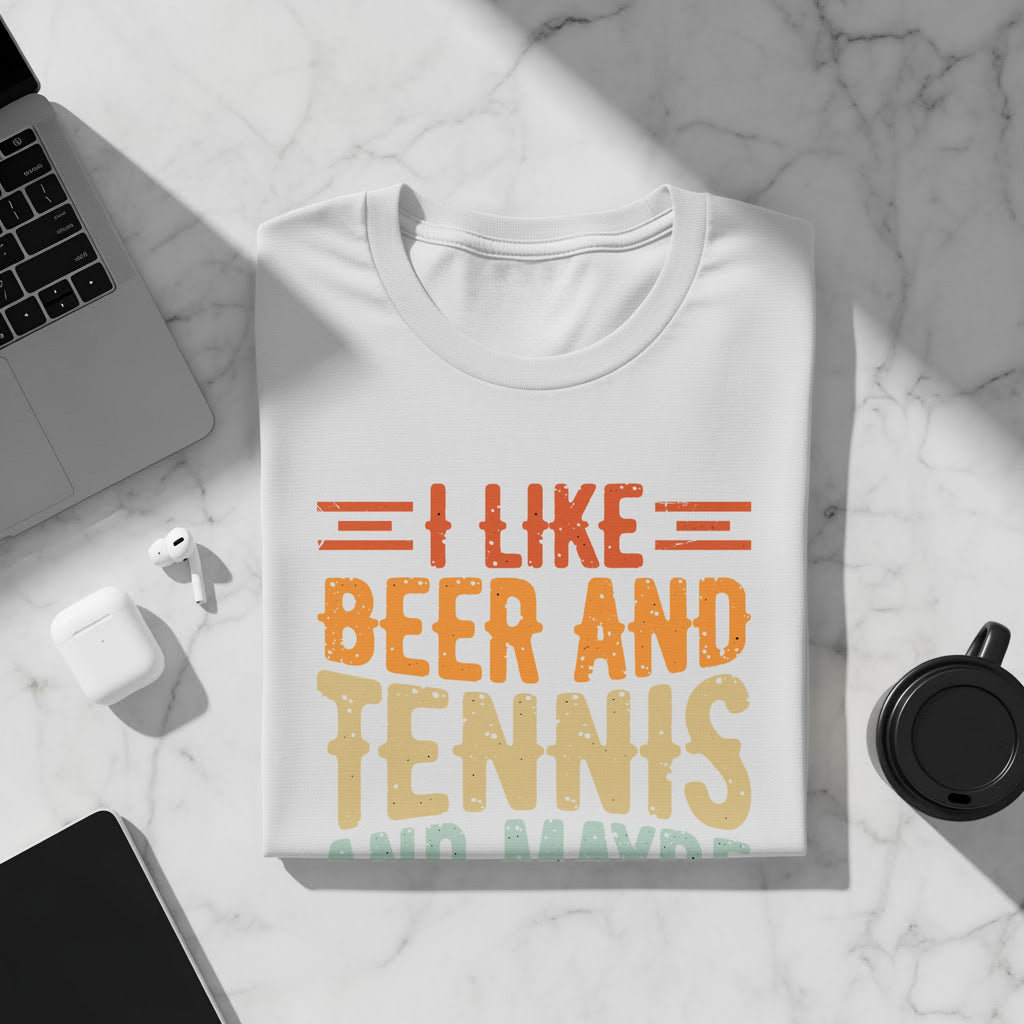 White t-shirt with text "I LIKE BEER AND TENNIS AND MAYBE".