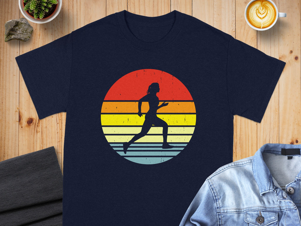 Navy t-shirt with black silhouette of a runner on a retro striped sunset graphic.
