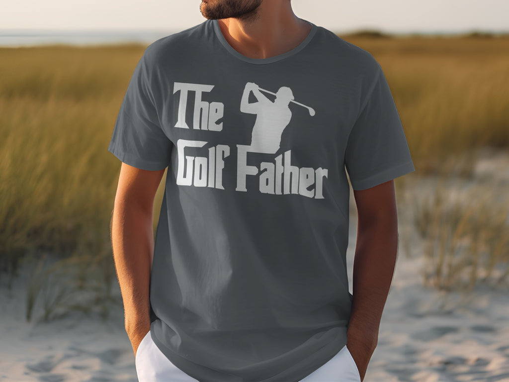 Men's charcoal t-shirt with "The Golf Father" text and golfer graphic.