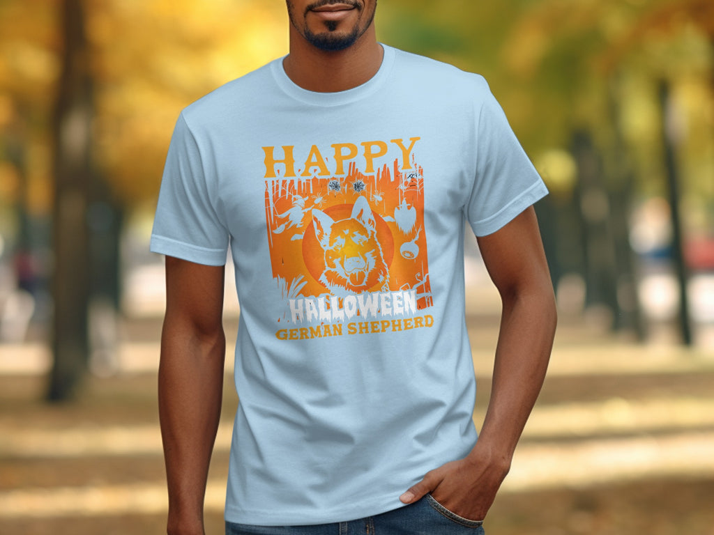 Light blue t-shirt with orange Halloween graphic of German Shepherd and text "Happy Halloween German Shepherd".