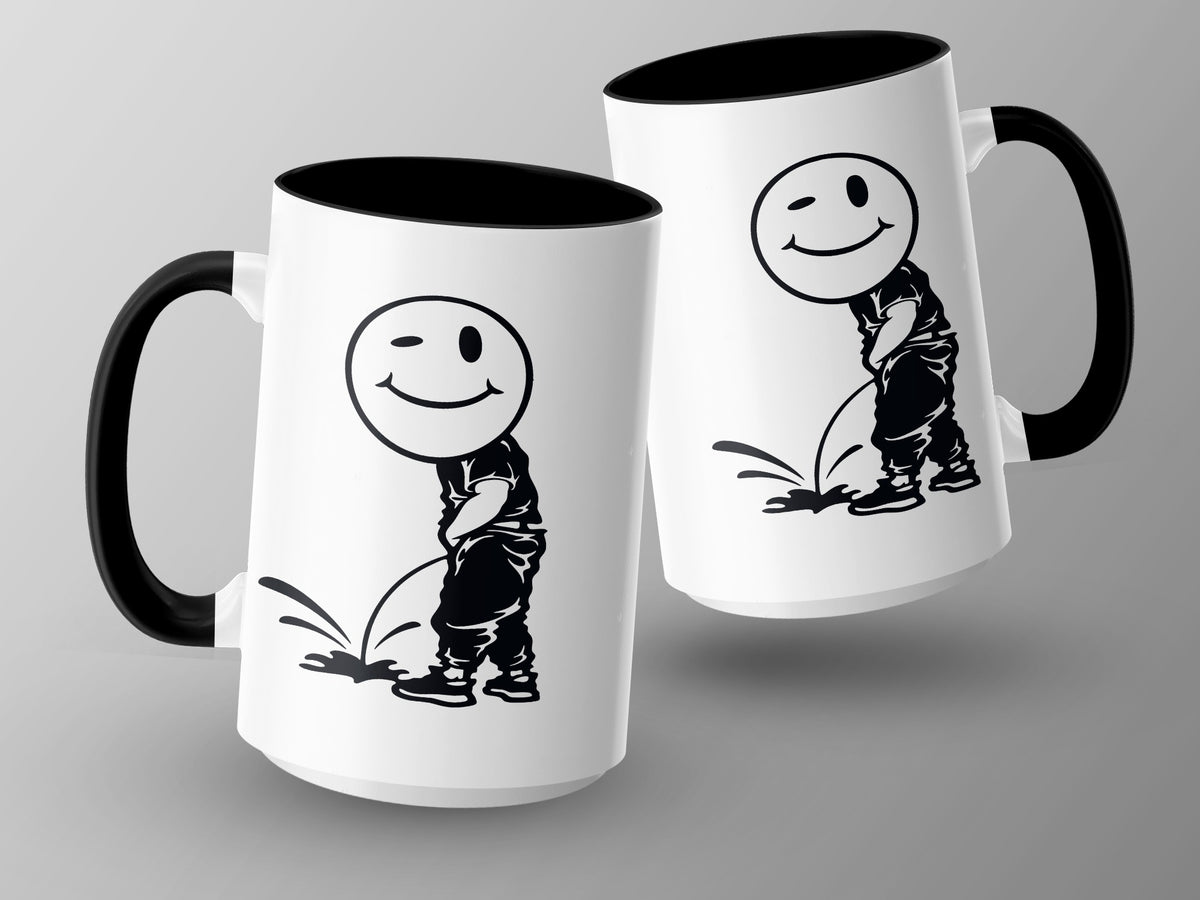White mugs with black handles feature a black graphic of a winking smiley face peeing.