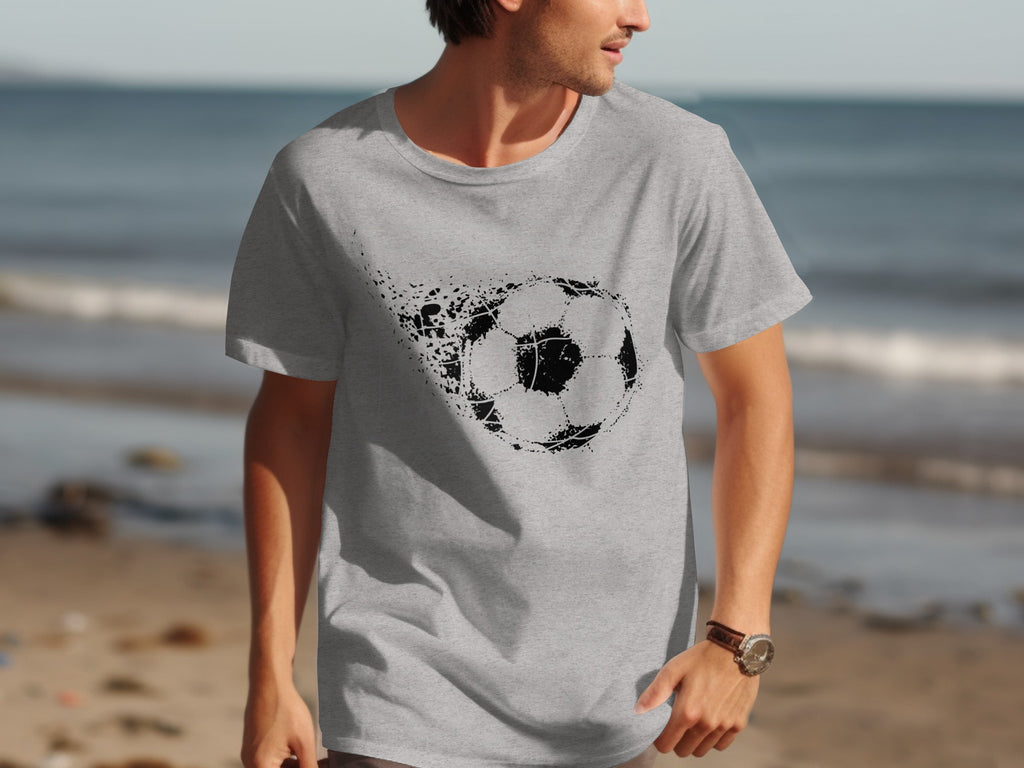 Grey t-shirt with a black distressed soccer ball graphic on the front.