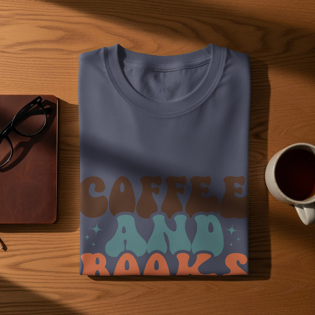 Dark blue t-shirt with "Coffee and Books" text in retro style.