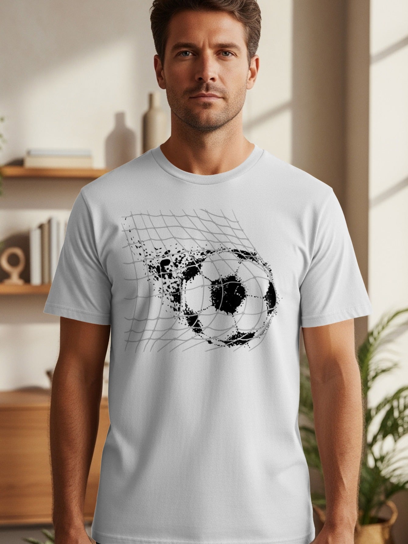 T-shirt featuring a graphic of a soccer ball breaking through a net.