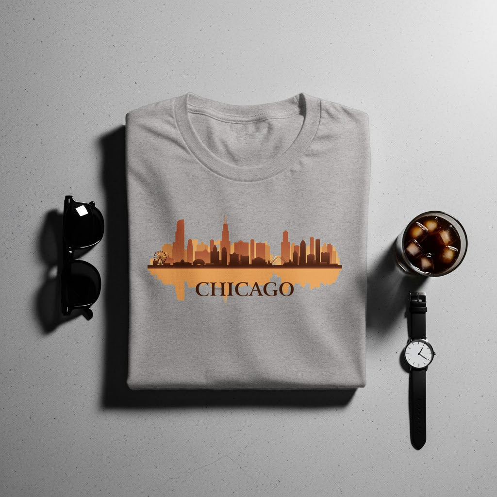 Grey t-shirt with brown Chicago skyline graphic and text.