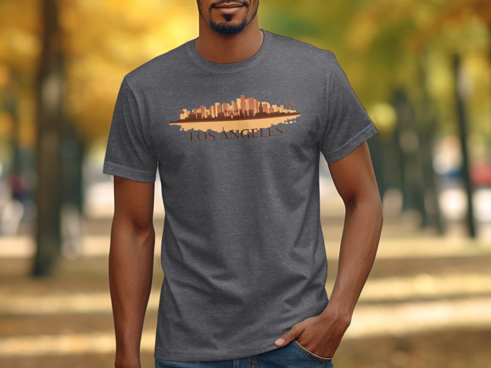 Dark gray t-shirt with Los Angeles skyline graphic and text.