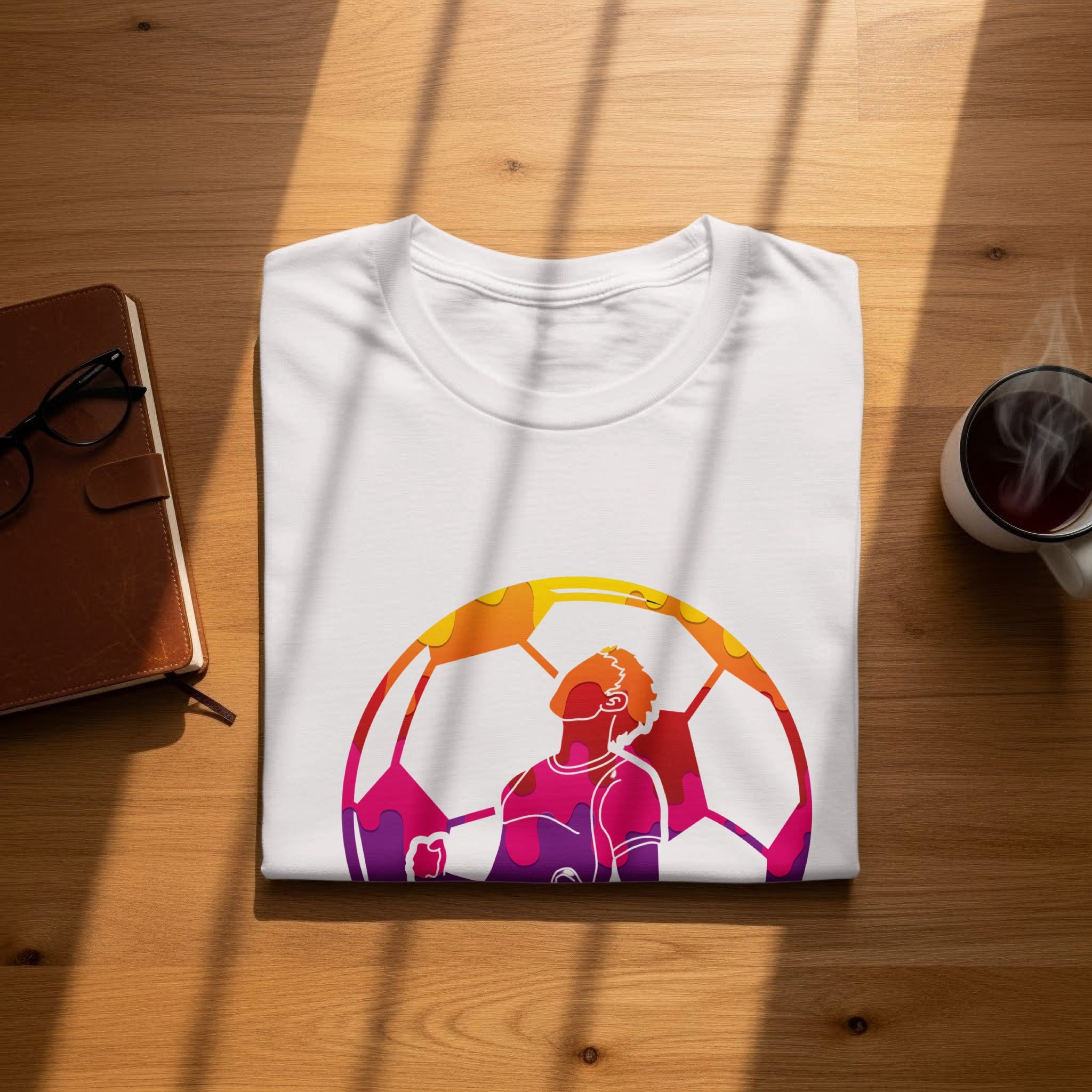 White t-shirt featuring a colorful abstract graphic of a soccer player against a soccer ball.