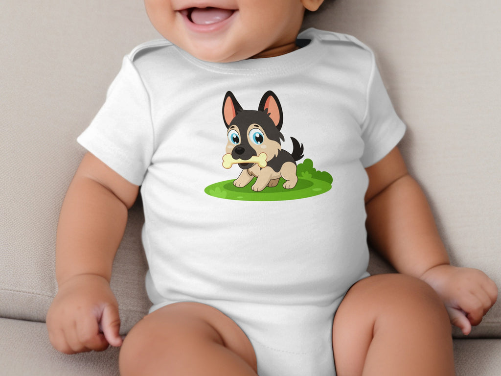 White baby onesie with a cartoon German Shepherd puppy holding a bone on green grass.