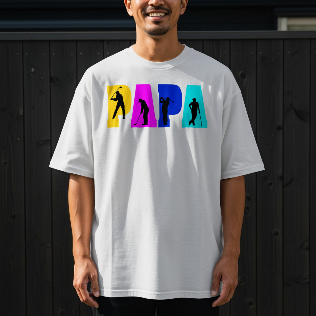 White t-shirt with colorful "PAPA" text featuring golfer silhouettes.