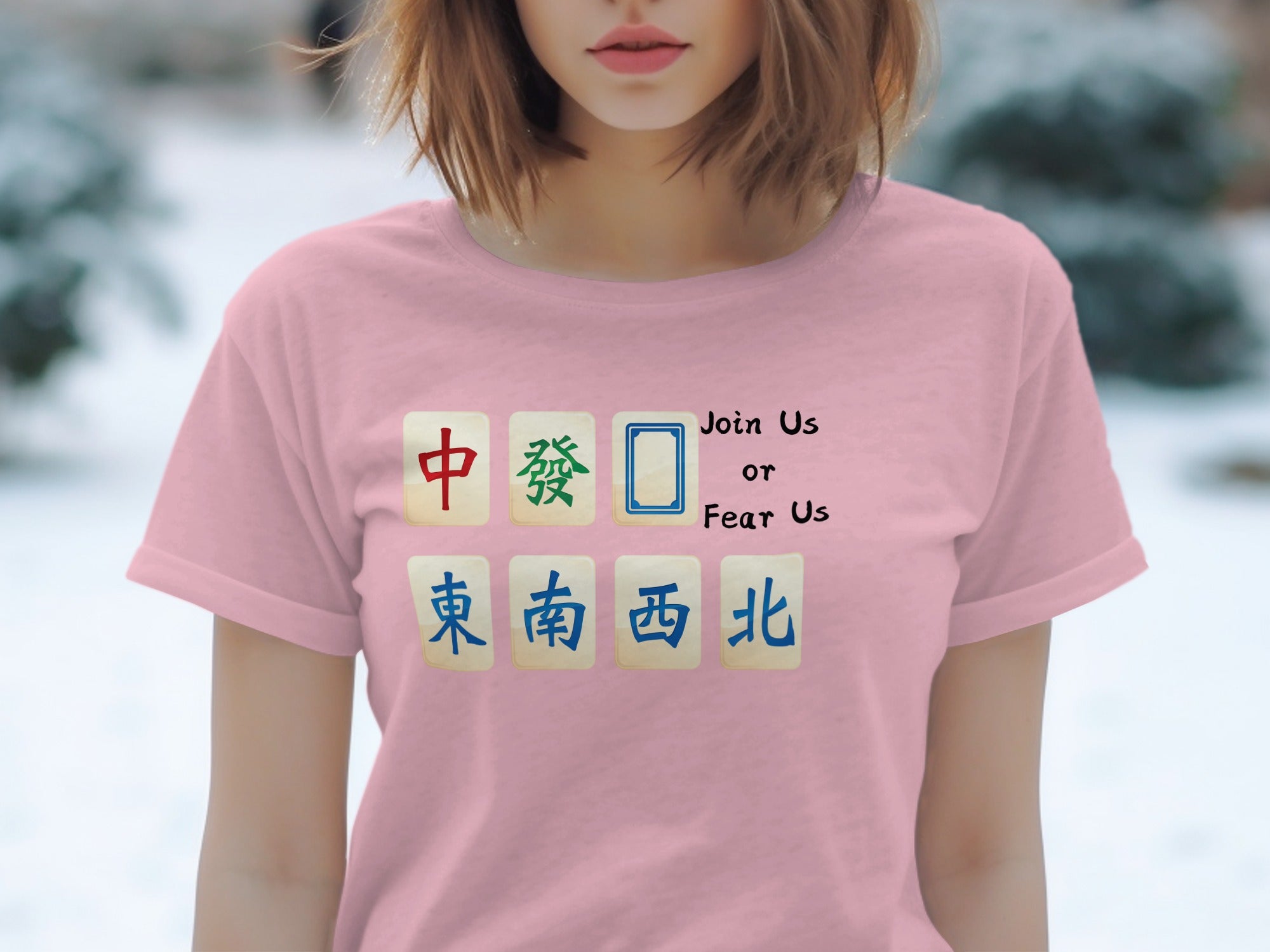 Pink t-shirt with mahjong tiles and the text "Join Us or Fear Us".
