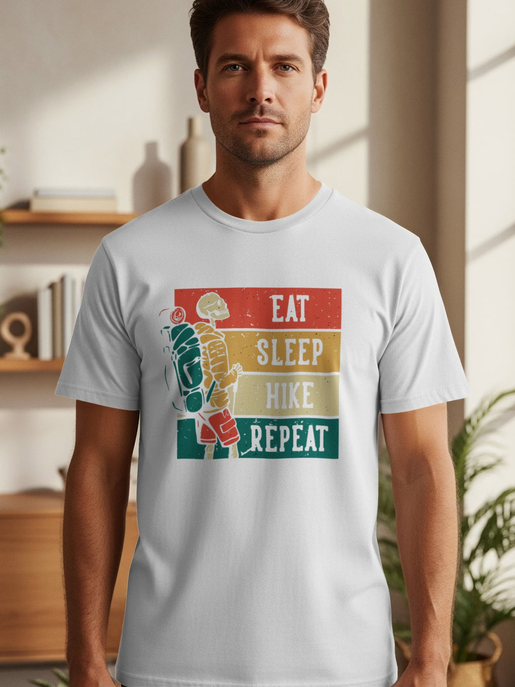 White t-shirt with vintage graphic of skeleton hiker and text: Eat Sleep Hike Repeat.