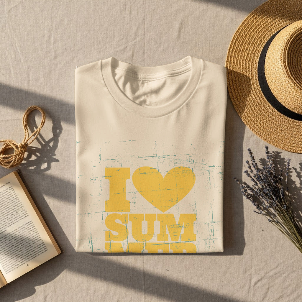 Cream t-shirt with yellow "I heart SUM" graphic, straw hat, book, and lavender.